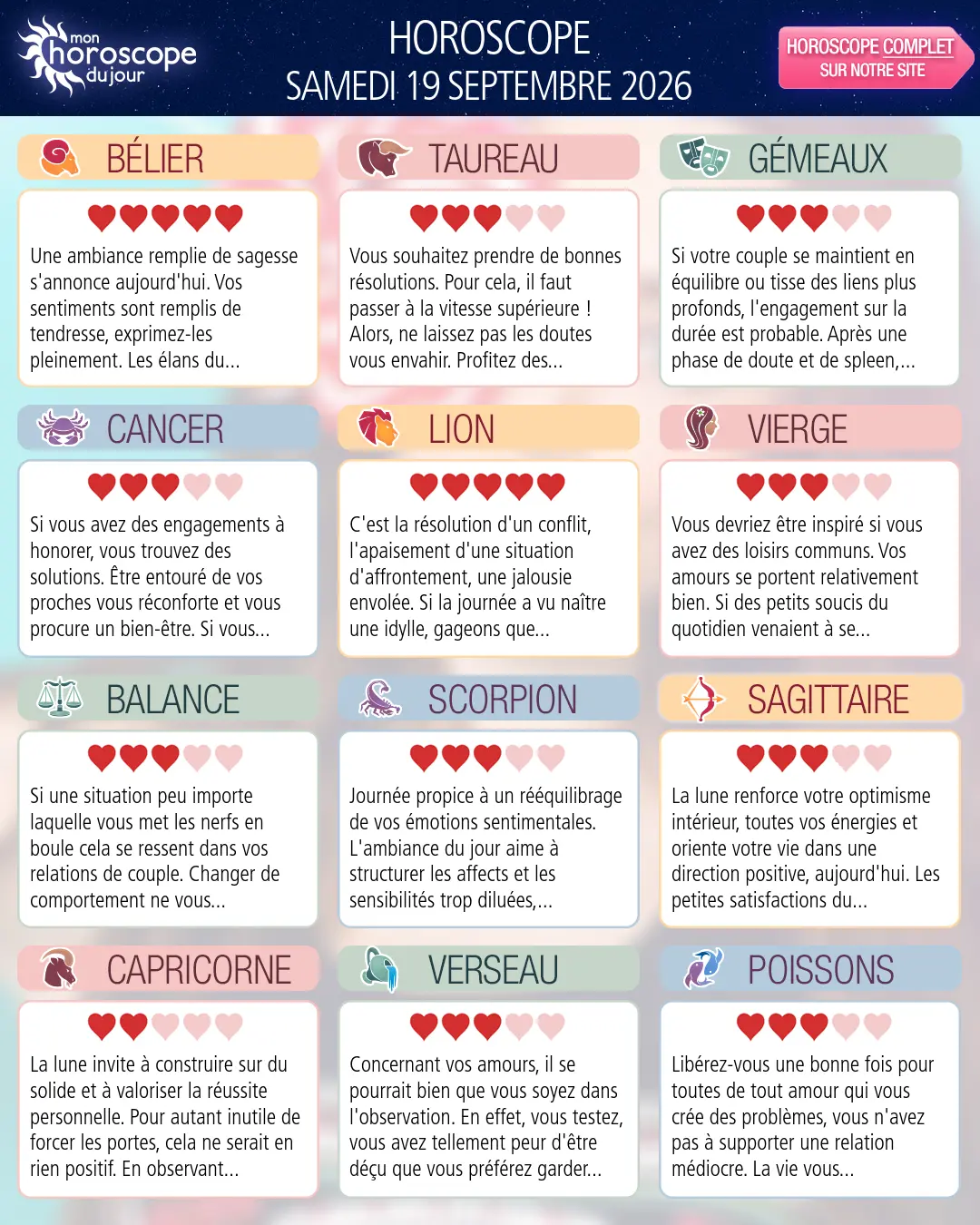Horoscope du samedi 19 septembre 2026