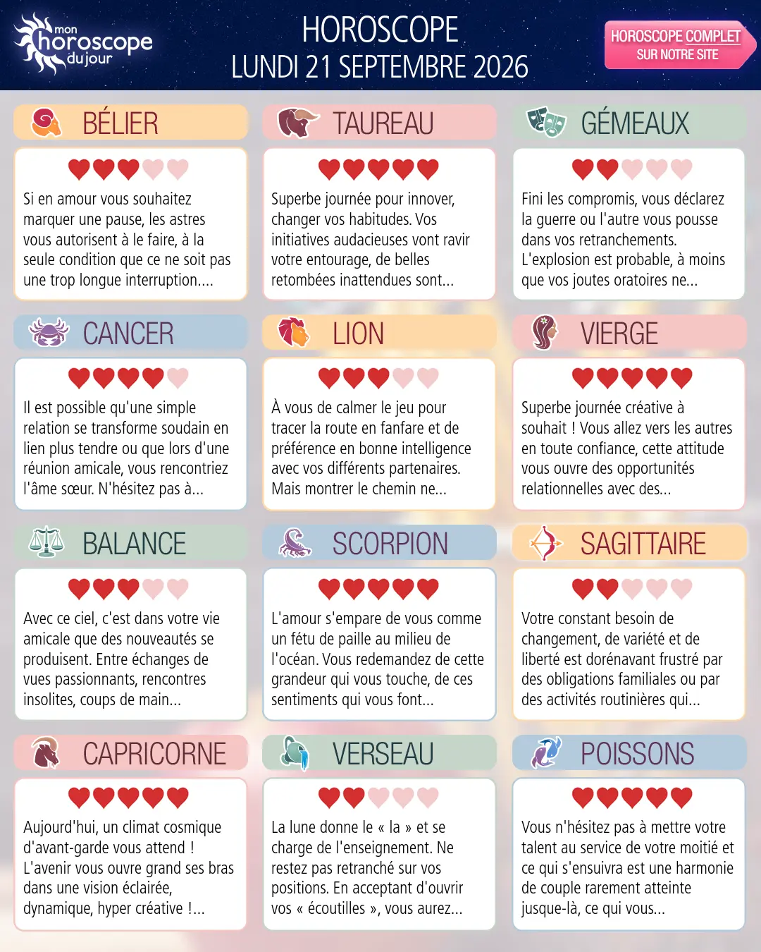 Horoscope du lundi 21 septembre 2026
