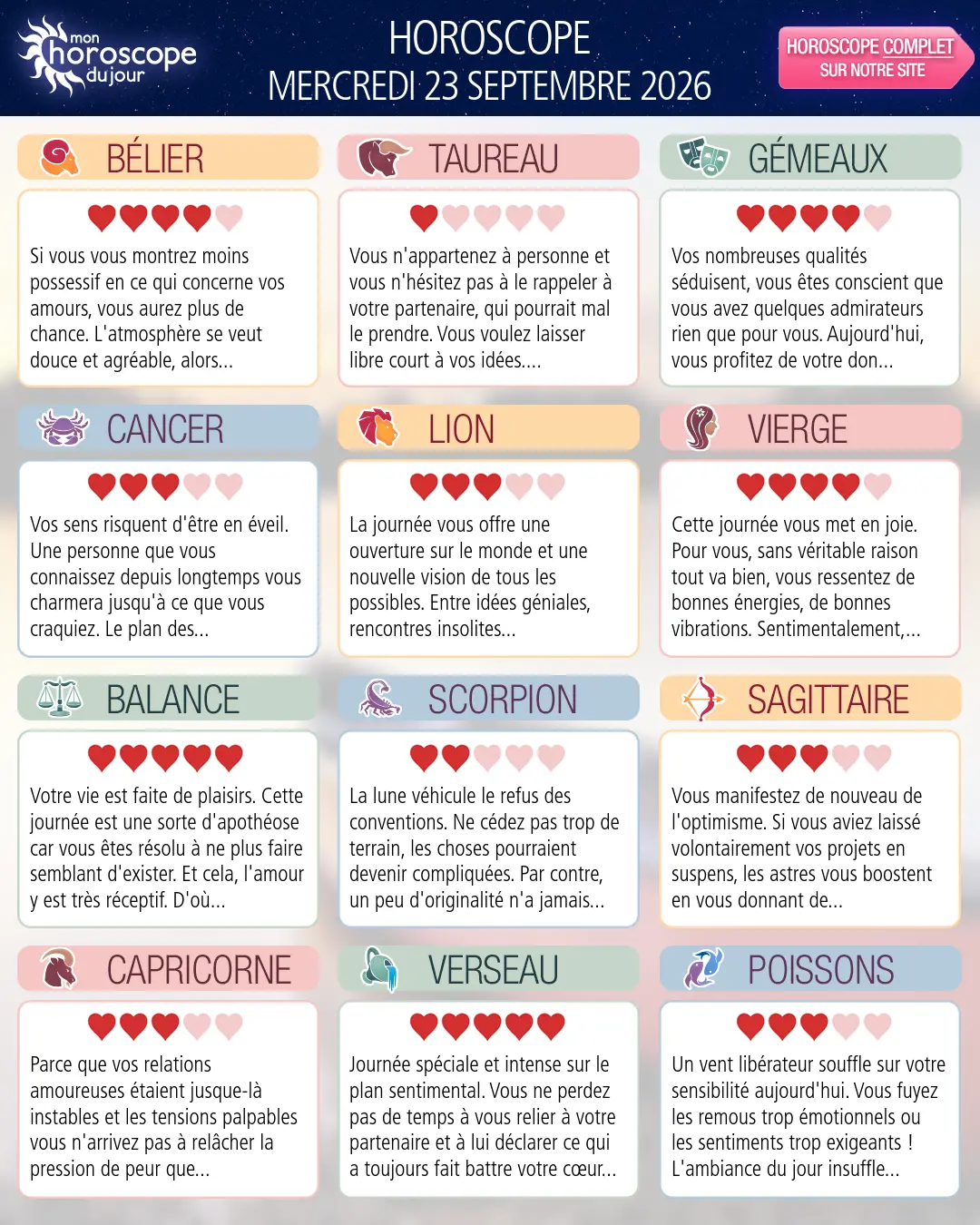 Horoscope du mercredi 23 septembre 2026