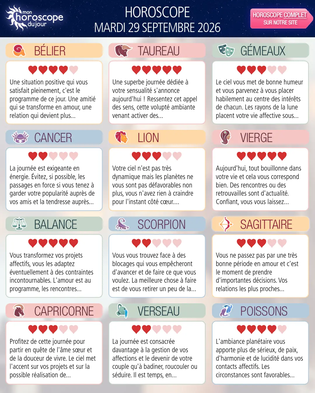 Horoscope du mardi 29 septembre 2026