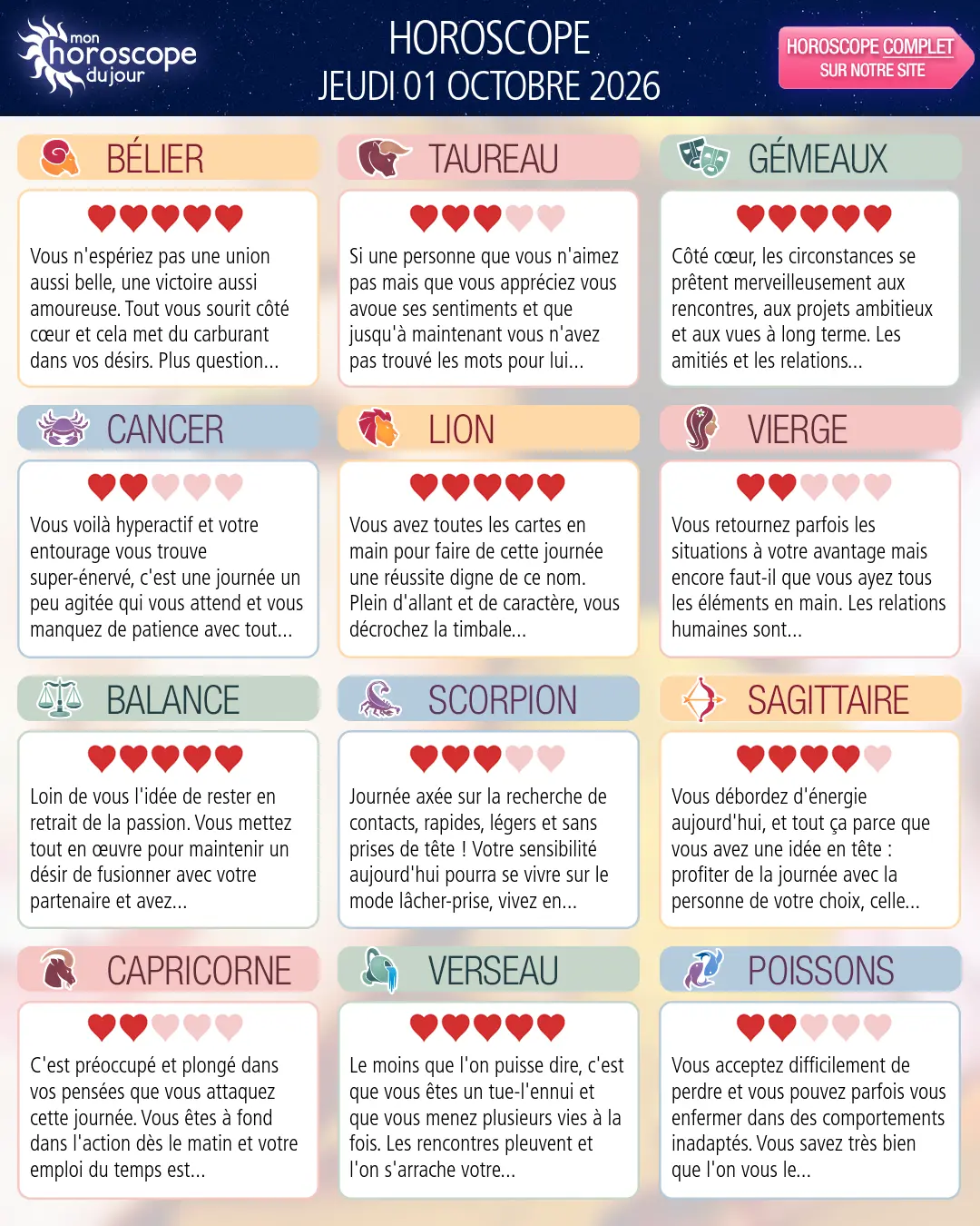Horoscope du jeudi 1 octobre 2026