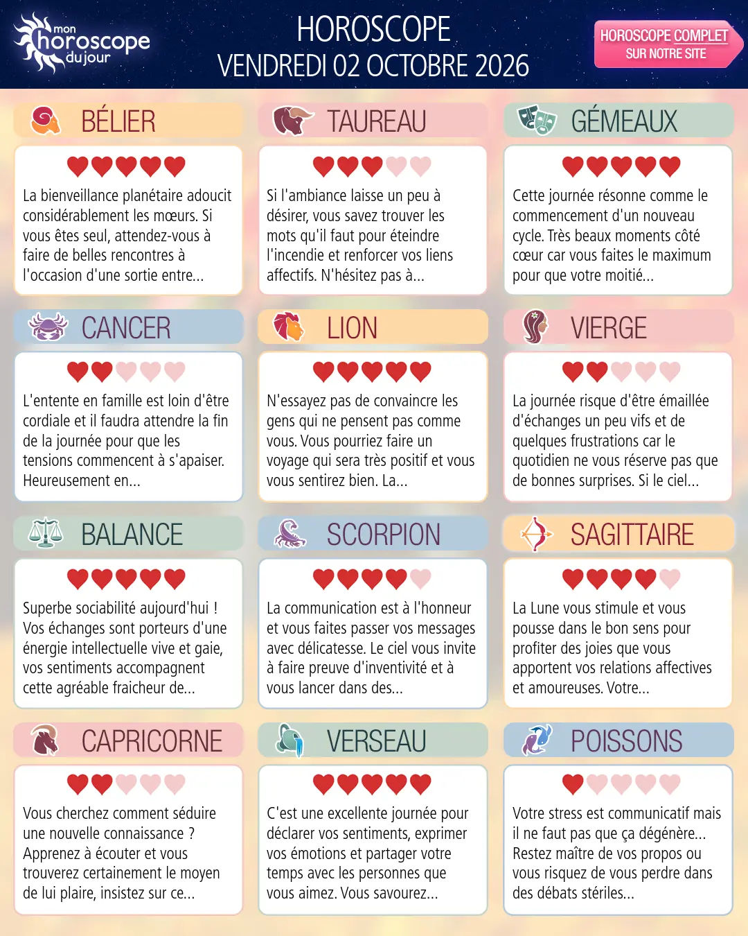 Horoscope du vendredi 2 octobre 2026