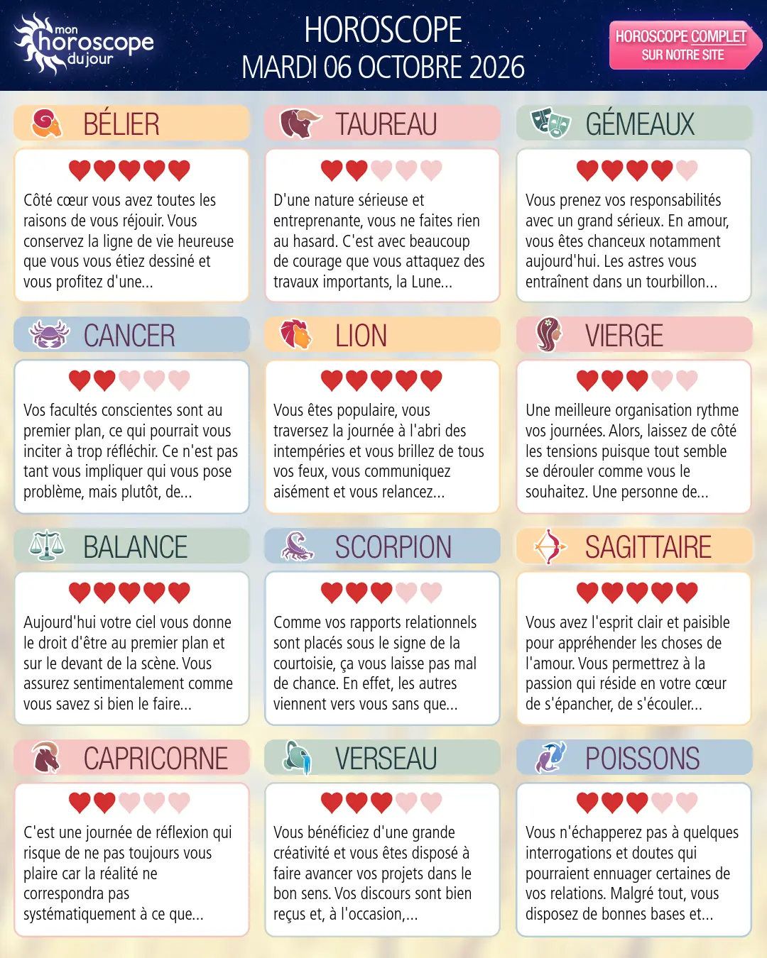 Horoscope du mardi 6 octobre 2026