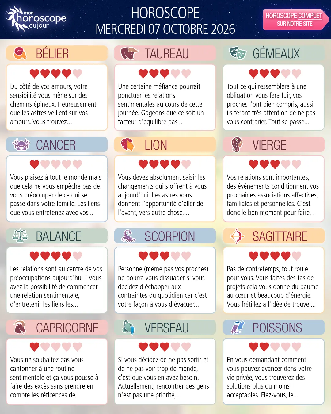 Horoscope du mercredi 7 octobre 2026