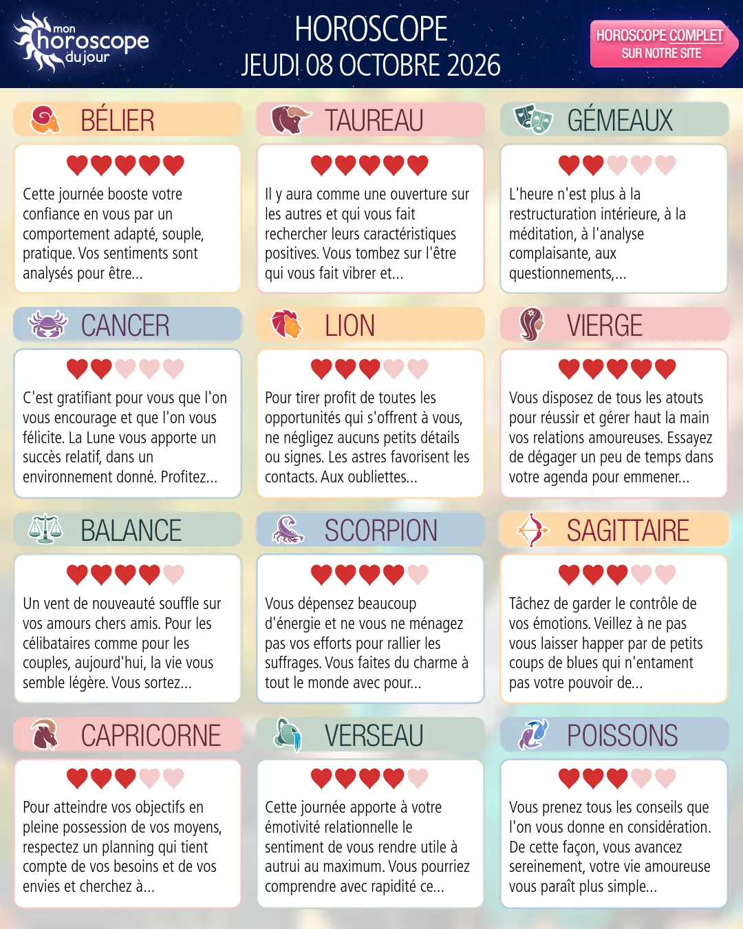 Horoscope du jeudi 8 octobre 2026