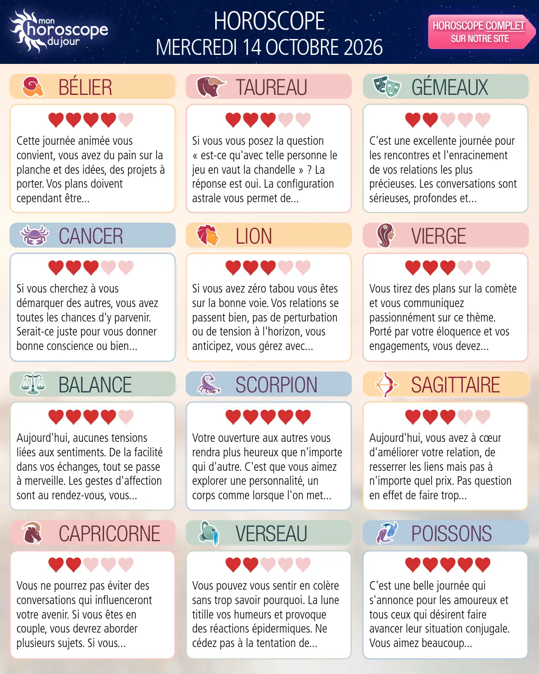 Horoscope du mercredi 14 octobre 2026