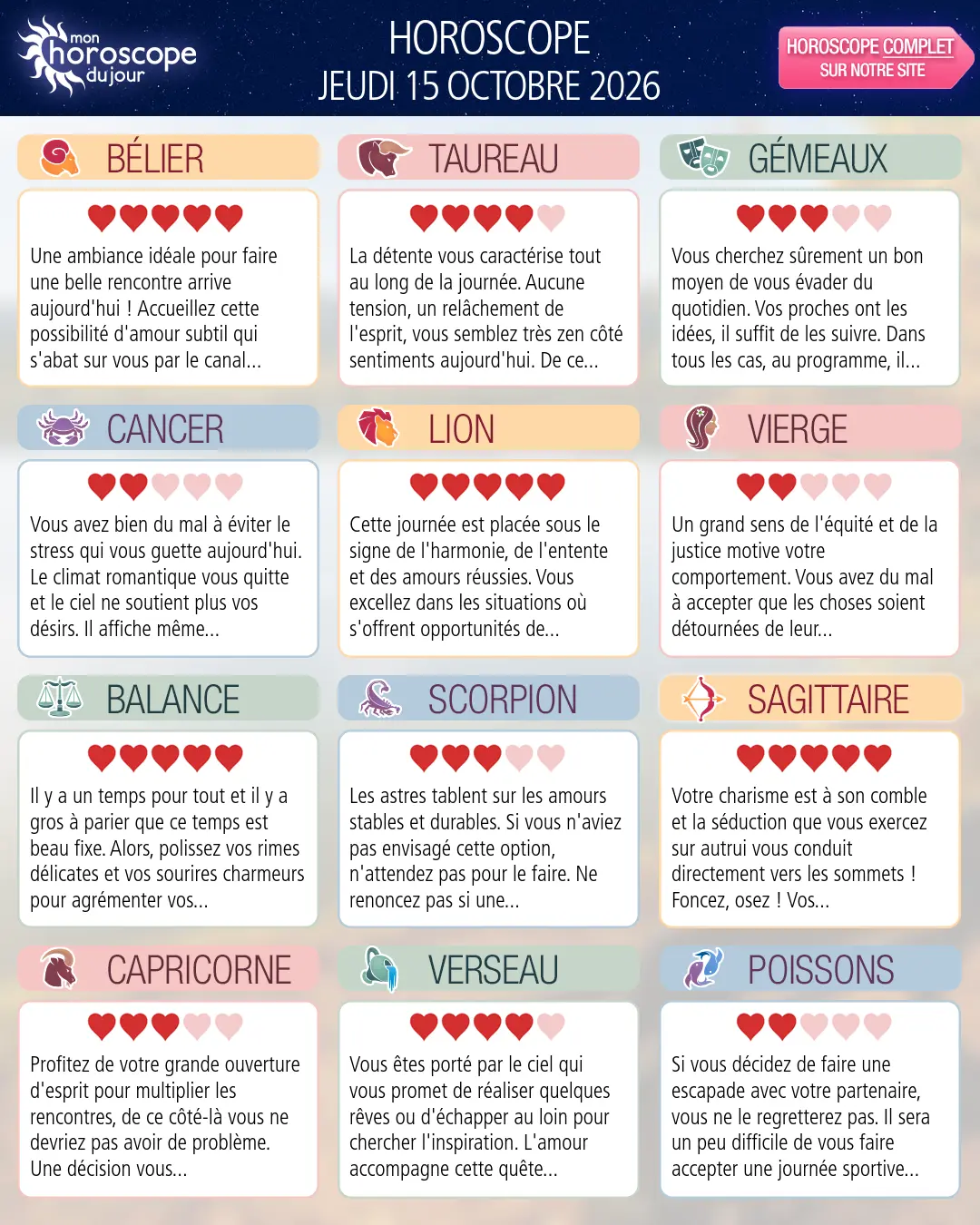 Horoscope du jeudi 15 octobre 2026