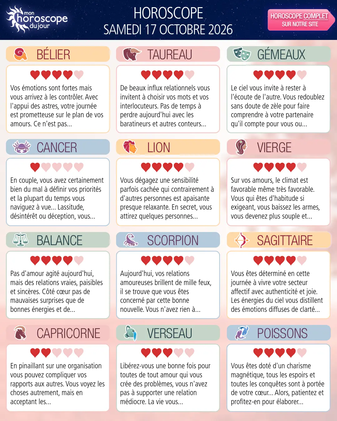Horoscope du samedi 17 octobre 2026