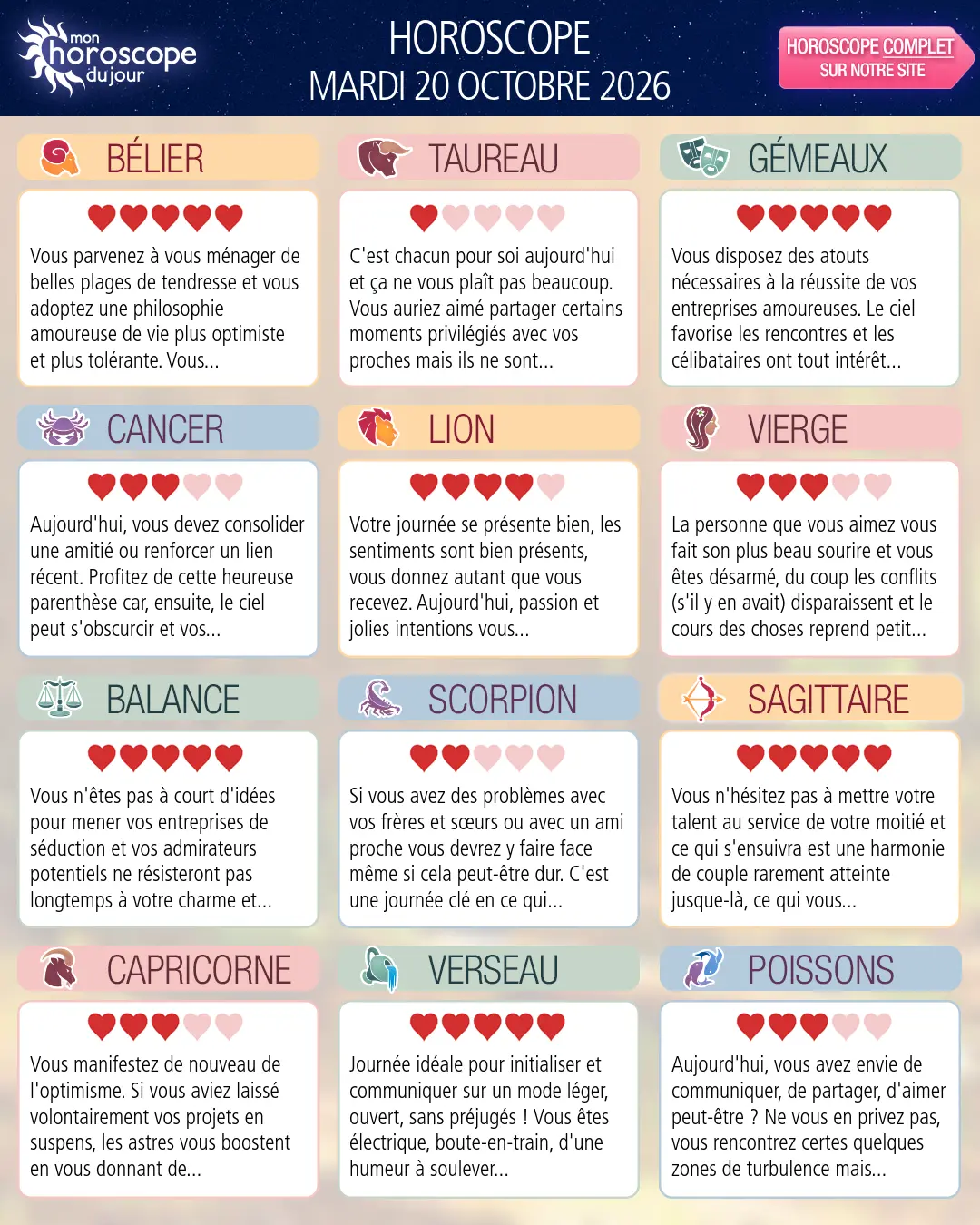 Horoscope du mardi 20 octobre 2026