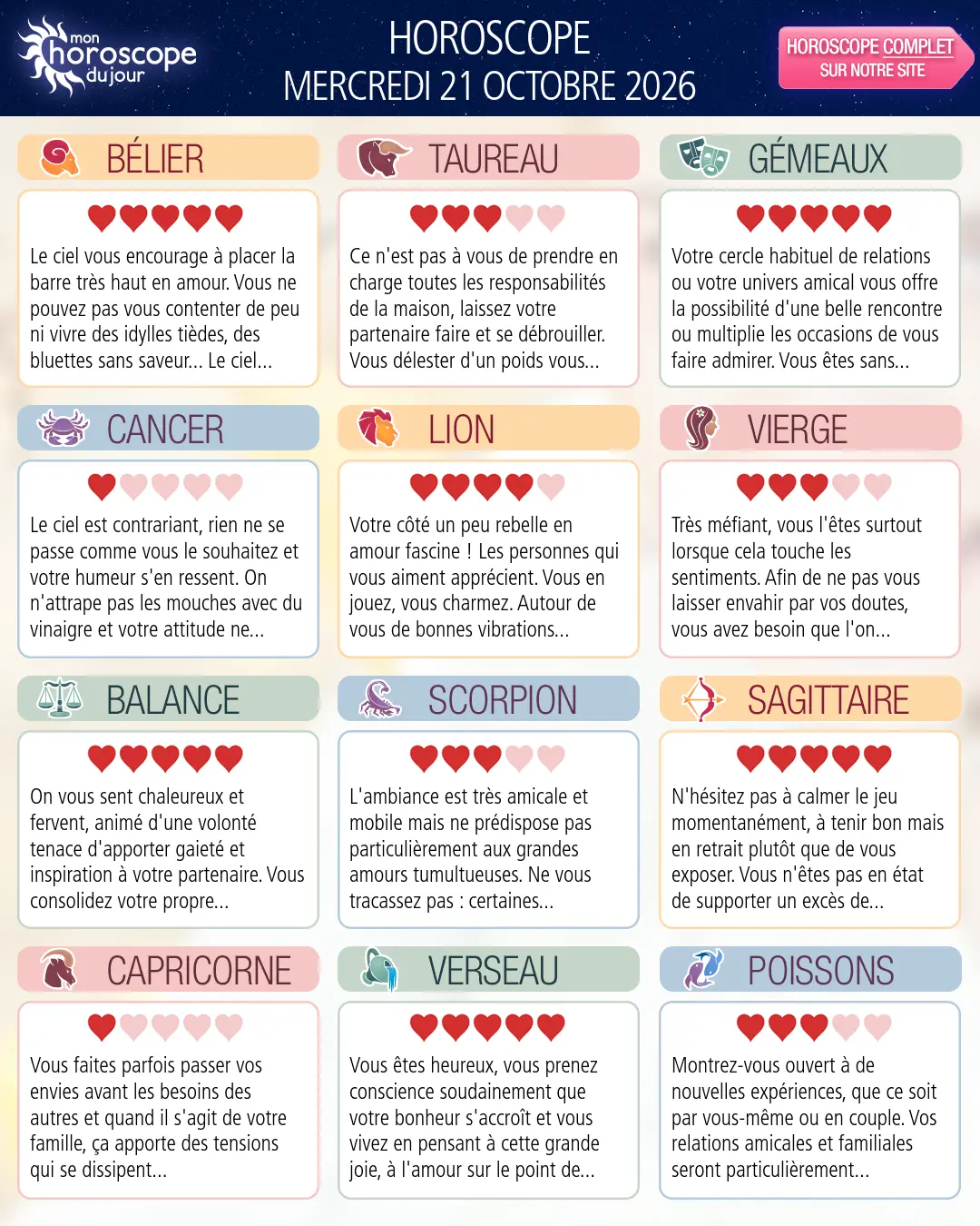 Horoscope du mercredi 21 octobre 2026