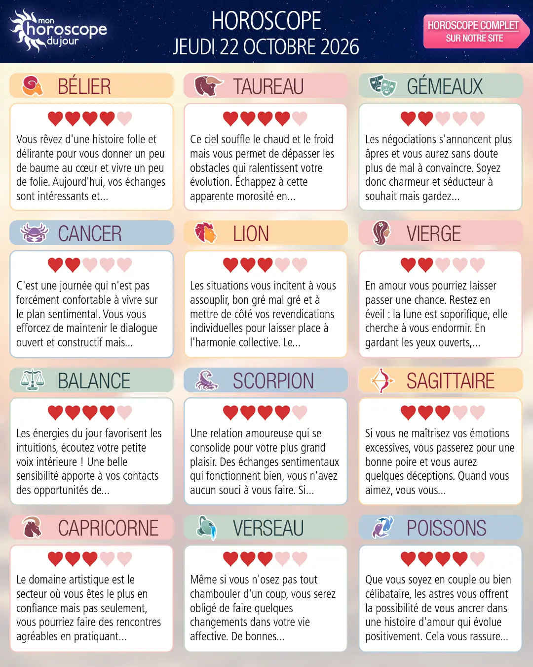 Horoscope du jeudi 22 octobre 2026
