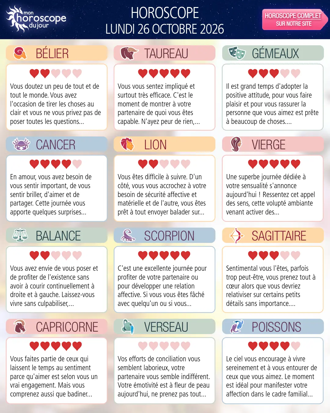 Horoscope du lundi 26 octobre 2026