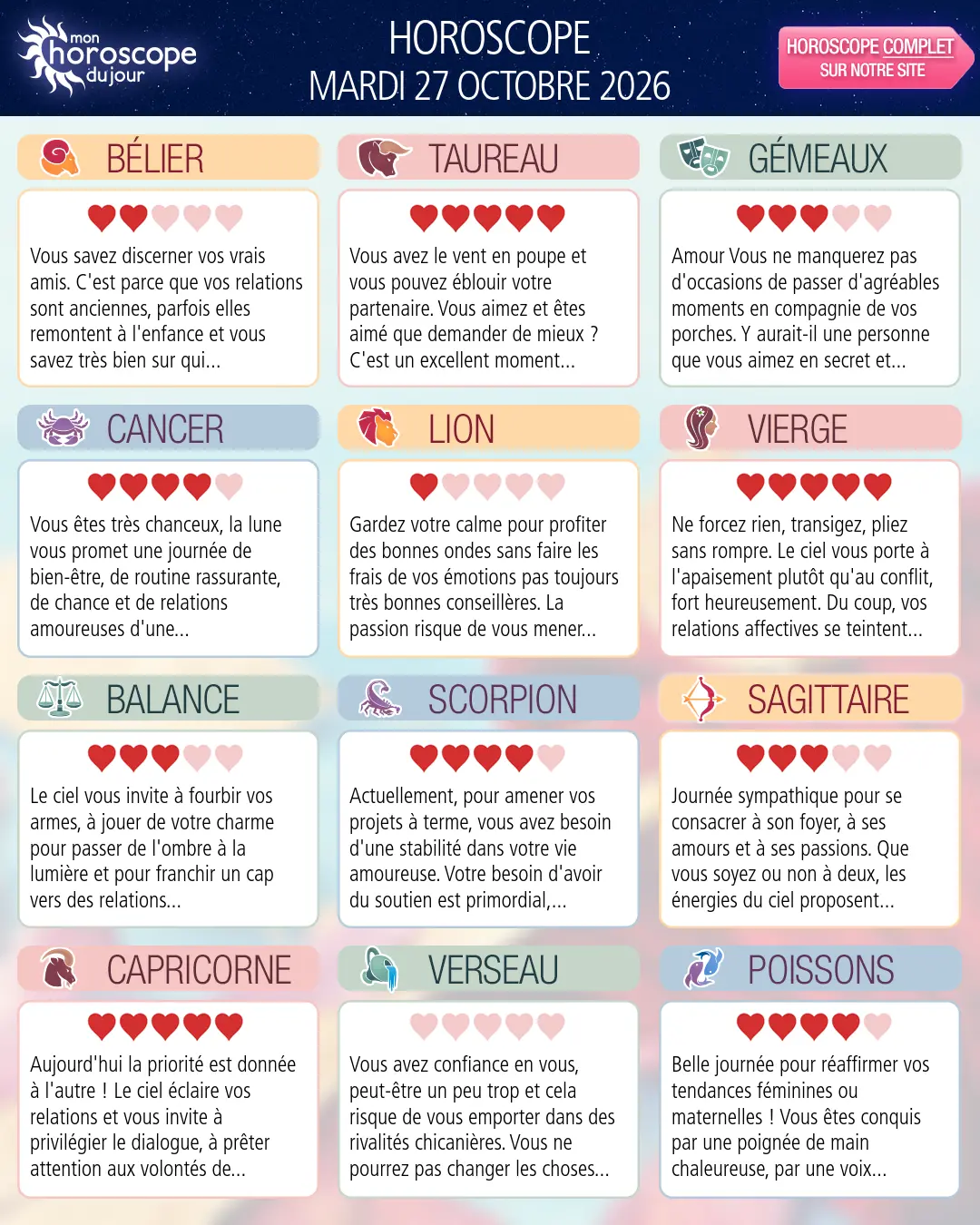 Horoscope du mardi 27 octobre 2026