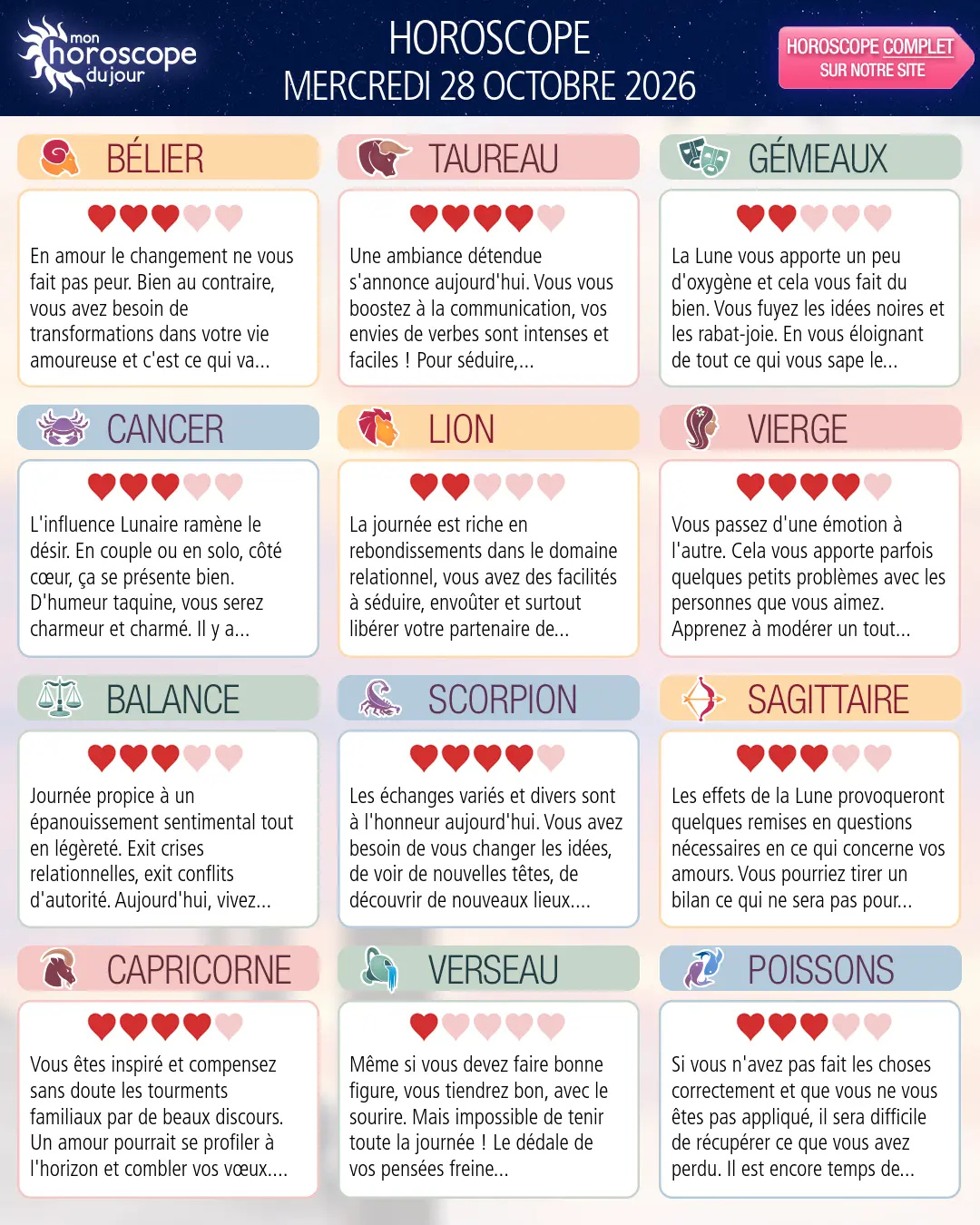 Horoscope du mercredi 28 octobre 2026
