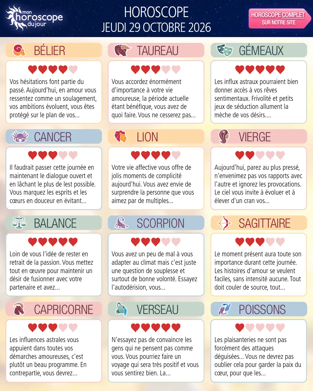 Horoscope du jeudi 29 octobre 2026