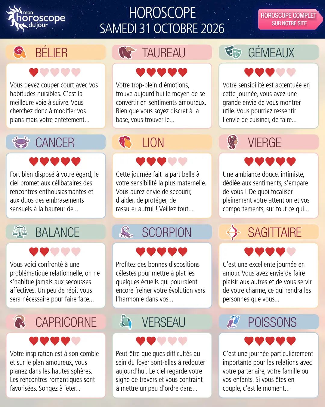 Horoscope du samedi 31 octobre 2026