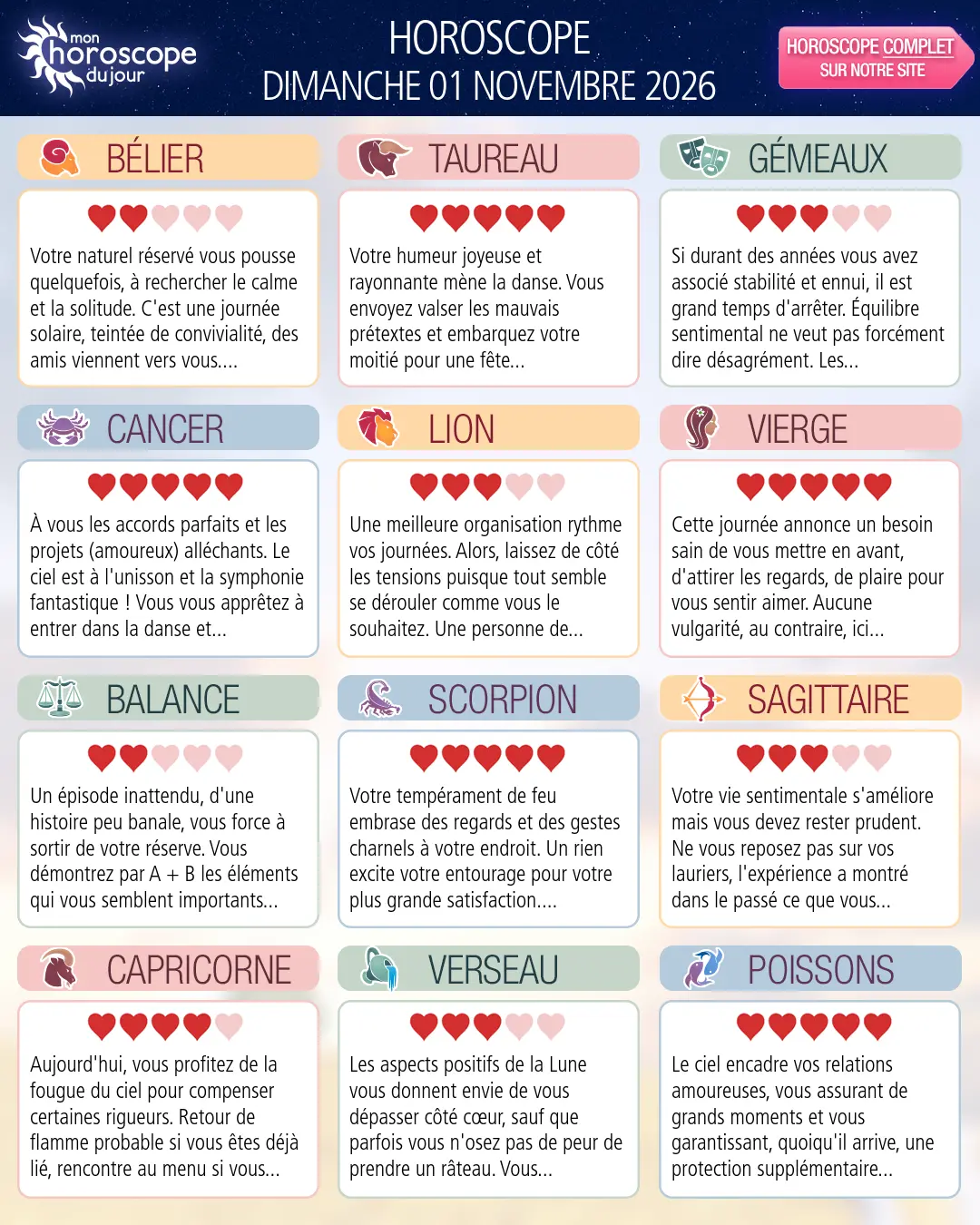 Horoscope du dimanche 1 novembre 2026